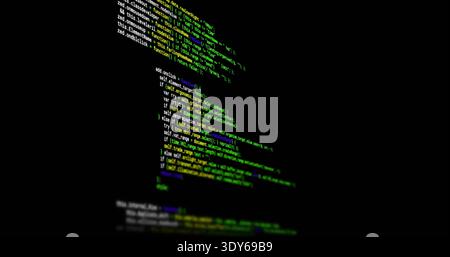 Displaying vertical column of syntax-highlighted code on black terminal, showing colored mono font Stock Photo