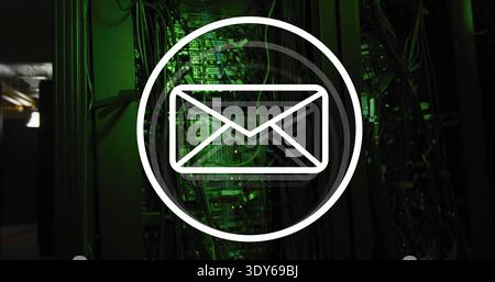 Displaying white outlined envelope icon overlaying racks in data center, with patch panels, LEDs Stock Photo