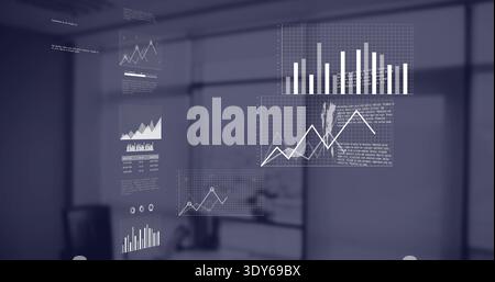 Displaying data panels centering in modern office, showing bar and line charts near desk Stock Photo