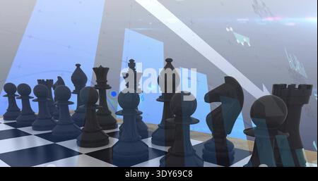 Displaying row dark glossy chess pieces on black-white chessboard in modern studio with blue panels Stock Photo