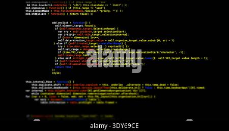 Displaying centered block of JavaScript code on dark editor screen, showing syntax highlighting Stock Photo