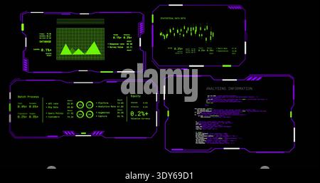 Displaying 4-panel HUD showing graph, stats, code on black screen with purple frames, green accents Stock Photo