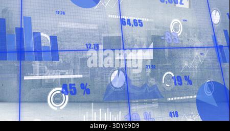 Displaying blue dashboard on glass panels at office, showing charts, percent labels, suited figures Stock Photo