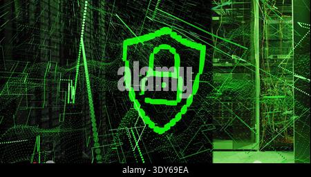Displaying central neon-green shield with padlock hovering over server room, showing wireframe grid Stock Photo