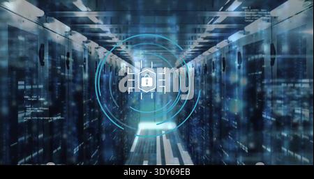 Displaying holographic padlock HUD hovering over data center aisle, highlighting server racks Stock Photo