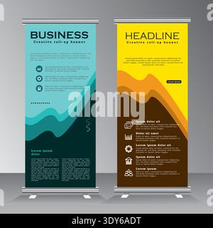 Roll up banner template design for business with waves, modern x-banner with yellow, blue, and brown, Bussiness standees banner. roll up vector banner Stock Vector