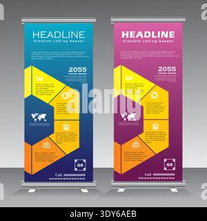 business roll up banner design, roll up banner template with geometric shape, four sections, four steps roll up banner, vertical banner template, Stock Vector