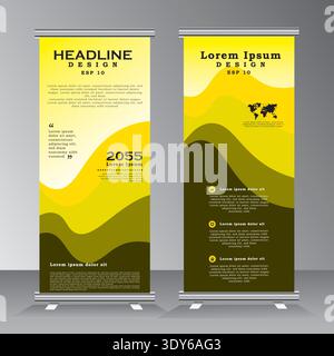 Roll up banner template design for business, modern x-banner with yellow and brown, abstract wave shape bussiness standees banner. roll up vector Stock Vector