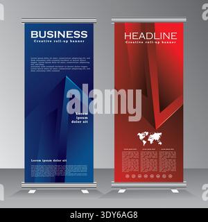 Blue and red roll up banner design for event, exhibition, vertical template design with new concept, art work for brochure, business, flyer, Stock Vector