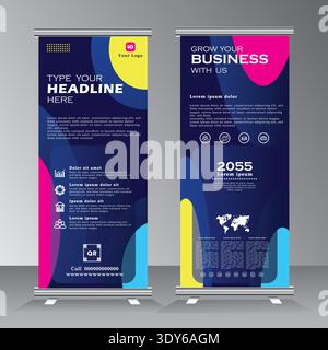 roll up banner design and vector template. standee banner design, vertical banner, x-banner, standee template. pull up banner, stand, standee. Stock Vector