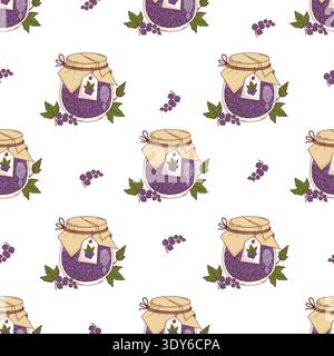 Seamless Pattern with Homemade Black Currant Jam in Glass Jar with Craft Paper Lid, Label tag and Green Leaves on White Background. Fresh Purple Fruit Stock Vector