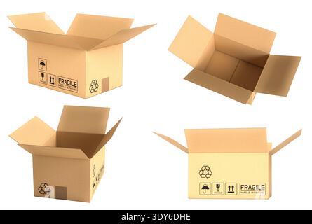 Empty open cardboard boxes 3d isolated Stock Photo