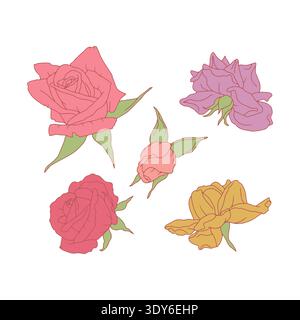 Hand drawn line art pastel pink and purple rose flowers set isolated on white background Stock Vector