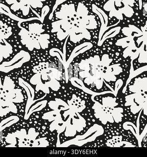 Seamless dense monochrome grunge pattern with hand drawn abstract flowers silhouettes on black background Stock Vector
