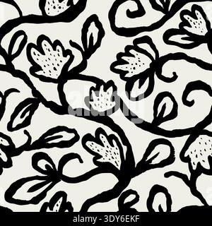 Seamless monochrome pattern with hand drawn abstract flowers and leaves vine. Artistic black and white brush strokes trailing floral design Stock Vector
