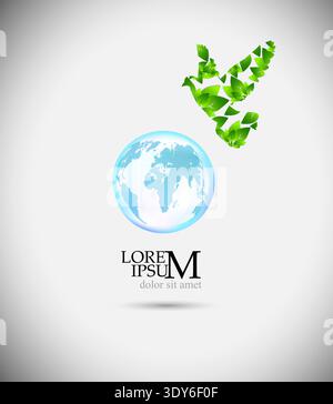 Dove made of green leaves and the globe. Green Bird Creative Eco Symbol Concept abstract. Hand drawn. Not AI, vector illustration. Stock Vector