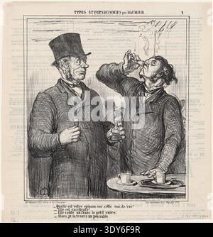 This vintage illustration, created by Honoré Daumier, captures a humorous and satirical moment between two men discussing the price of eau-de-vie. The scene portrays social commentary typical of 19th-century French society. Published in Le Charivari, May 2, 1864 Stock Photo