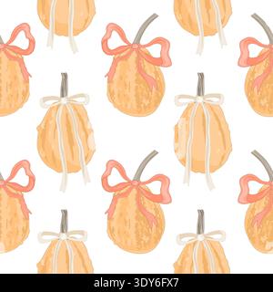 Vector seamless pattern with cute hand-drawn pumpkins in soft autumn colors. Farm, harvest, and Thanksgiving holiday design. Rustic fall vegetable Stock Vector