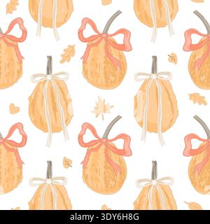 Vector seamless pattern with cute hand-drawn pumpkins in soft autumn colors. Farm, harvest, and Thanksgiving holiday design. Rustic fall vegetable Stock Vector