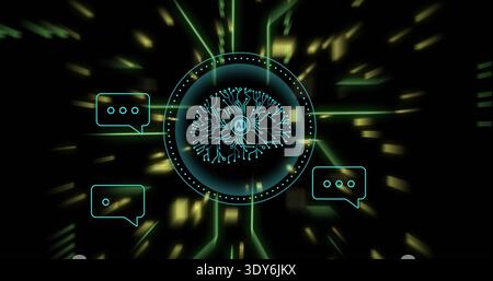 Projecting holographic circular interface with schematic brain labeled AI, emitting neon chat icons Stock Photo