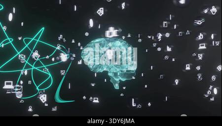 Pulsing teal wireframe brain glowing in virtual space, showing floating icons, neon trails, nodes Stock Photo