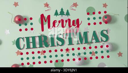 Center type greeting dominating mint backdrop, showing baubles, confetti, dots for holiday design Stock Photo