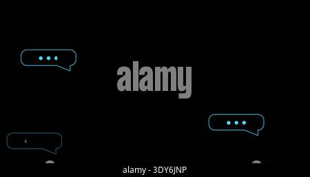 Displaying 3 neon-blue speech bubbles floating on black background, showing ellipsis and left glyph Stock Photo