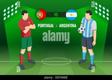 Isometric football match illustration showing Portugal versus Argentina teams on stadium field with soccer ball and national flags. Stock Vector