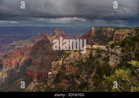Storm clouds gather over Grand Canyon from North Rim in Arizona as nature shows its power and beauty Stock Photo