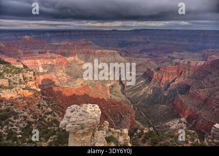 Storm moves across Grand Canyon landscape seen from Walhalla Overlook in North Rim Arizona near sunset hours Stock Photo