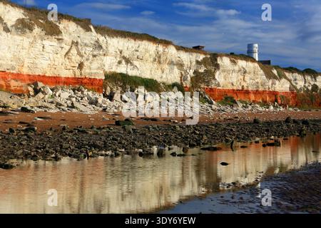 Exploring Hunstanton Cliffs with their visible chalk and carstone formations along the shoreline in Norfolk, England Stock Photo