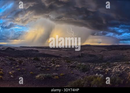 Storm approaches at Pintado Point with lightning near sunset in Arizona's Petrified Forest National Park Stock Photo