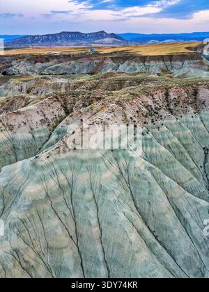 Colorful mountains captured by drone at sunset showcasing unique rock formations in Turkey Stock Photo
