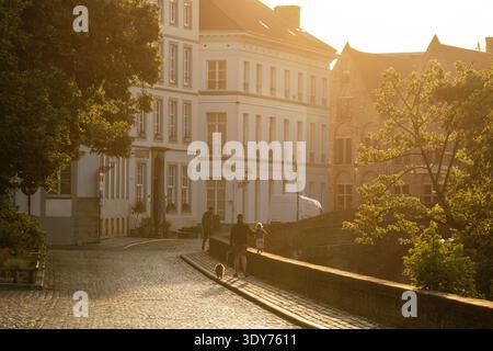 Morning light illuminates the Speelmansrei Canal in Bruges, showing people walking along the street with a dog Stock Photo