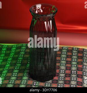 A tall, dark glass vase with a fluted design stands on a richly patterned fabric with a vibrant red backdrop Stock Photo