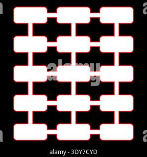 Interconnected network scheme. Logical flowchart Vector. Darkest black background. Connected red rectangles grid. Stock Vector