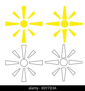 Yellow sunburst icon. Bright solar symbol. Outline ray Vector element. Energy light emblem. Stock Vector