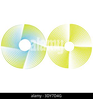 Circular swirled iconographies. Emerald dashes Vector. Sapphire rotations movements. Abstracted spiraling silhouettes. Stock Vector