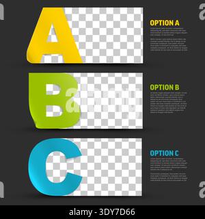 Modern business infographic banners featuring ABC letter options for presentation. These creative ABC letter options include space for photos and text Stock Vector