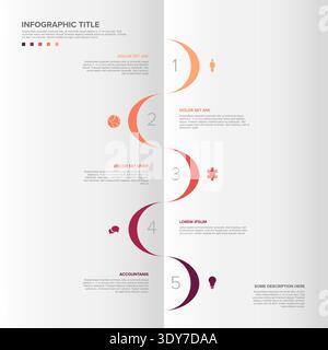 This vertical infographic features five numbered steps with stylish curved graphics. Use this infographic template to create a clean business flow for Stock Vector