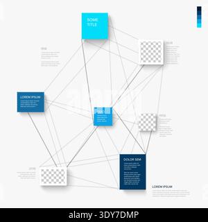 This infographic template features blue content squares connected by a neural network of lines with Photo Placeholders. Infographic template to visual Stock Vector
