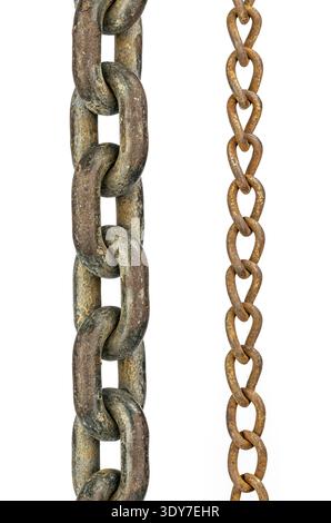 A rusty chain metal link corroded steel industrial texture heavy duty weathered surface aged material vertical closeup isolated object construction ha Stock Photo