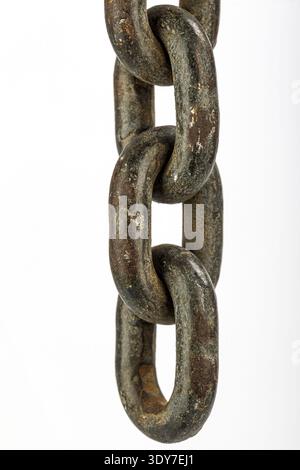 A rusty chain metal link heavy chain industrial detail closeup texture strength concept isolated object weathered surface corrosion pattern white back Stock Photo