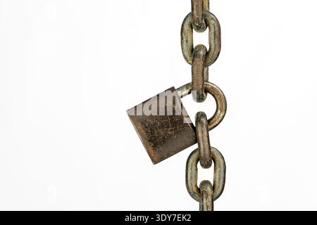 A rusty padlock metal chain security protection locked safety closed restriction metal lock isolated rusty padlock metal chain security protection loc Stock Photo