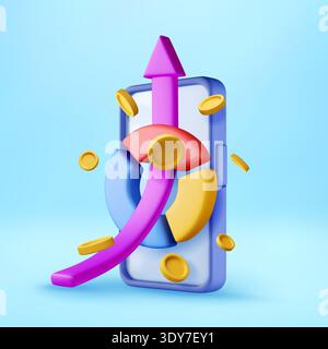 3D Mobile phone with growing arrow and golden coin Stock Vector