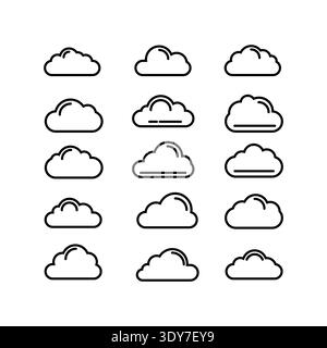 Minimal cloud icon set featuring multiple outline variations in clean monoline style. Designed for cloud computing, storage services, weather apps, Sa Stock Vector
