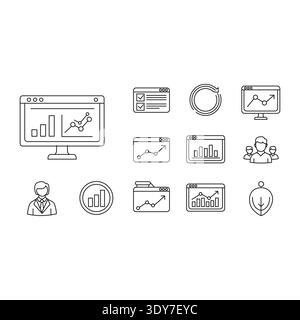 Minimal analytics and dashboard icon set in clean monoline outline style featuring charts, graphs, statistics panels, growth indicators, and reporting Stock Vector