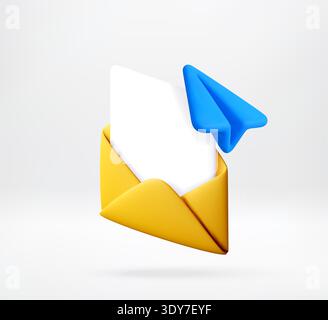 3D Envelope with paper sheet and blue paper plane Stock Vector