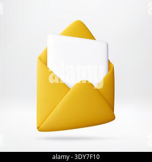 3D Yellow open envelope with white paper card Stock Vector