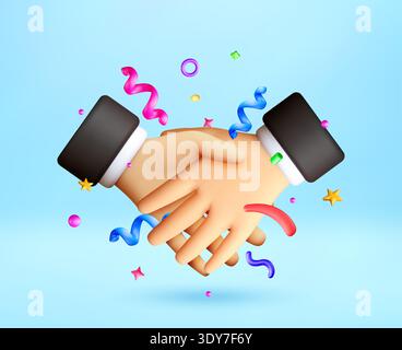 3D Two hands shaking with confetti. Stock Vector
